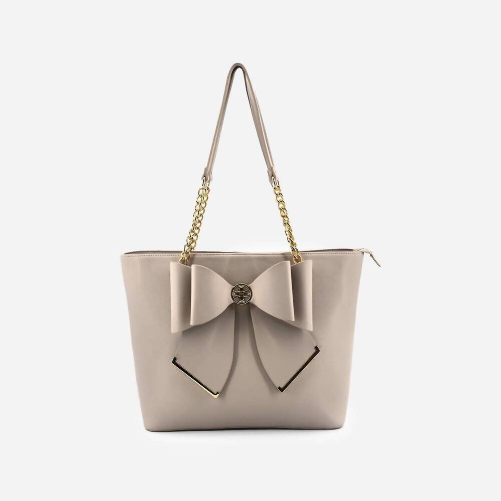 NEW LIKE DREAMS women's aubrey bow vegan tote bag in beige
